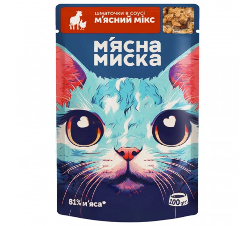 Влажный корм для кошек Мясная Миска кусочки в соусе - мясной микс (100 г) Влажный корм для кошек Мясная Миска кусочки в соусе - мясной микс (100 г)