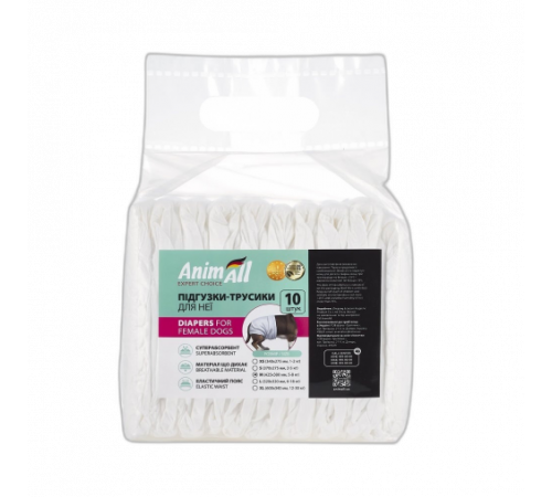 Подгузники для собак AnimAll M (для неё, талия 24–40 см, вес 5–8 кг), 10 шт