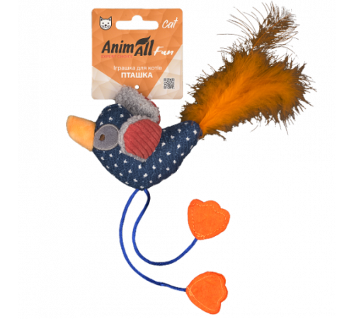 Игрушка мягкая AnimAll Fun Птичка с перьями для кошек, полиэстер, 16 см