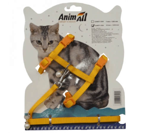 Комплект шлейка с поводком AnimAll для кошек, жёлтый, 0,7×120 см