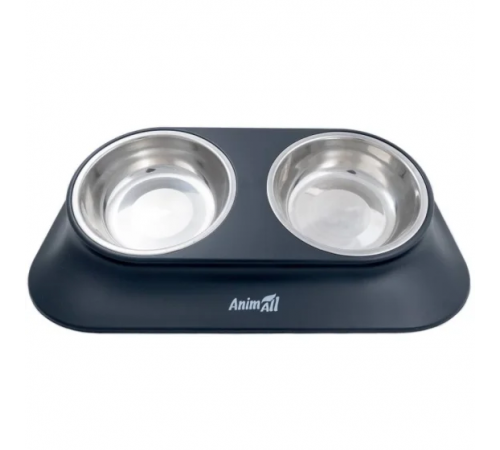 Миска двойная AnimAll для собак и кошек, на подставке, металл/пластик, 420 мл, чёрная
