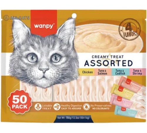 Wanpy Creamy Lickable Cat Treats Assorted — кремовое лакомство для кошек, 4 разных вкуса, 1 шт, 14 г