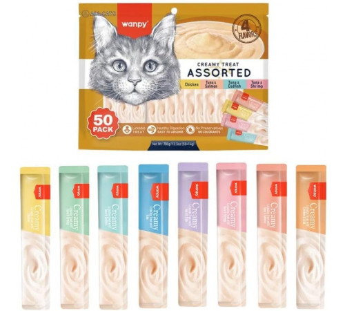 Wanpy Creamy Lickable Cat Treats Assorted — кремовое лакомство для кошек, 4 разных вкуса, 1 шт, 14 г