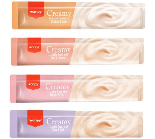 Wanpy Creamy Lickable Cat Treats Assorted — кремовое лакомство для кошек, 4 разных вкуса, 1 шт, 14 г