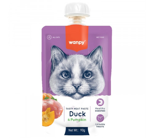 Wanpy Cat — лакомство для кошек, мясной мусс из утки и тыквы, 90 г