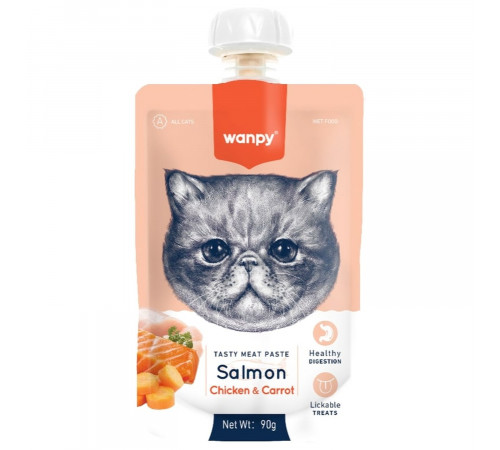 Wanpy Cat — лакомство для кошек, мясной мусс из лосося и курицы с морковью, 90 г