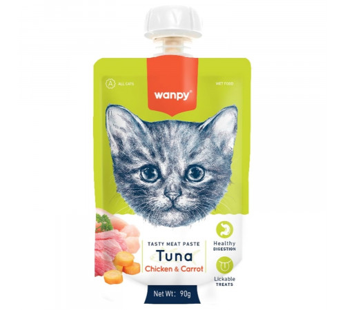 Wanpy Cat — лакомство для кошек, мясной мусс из тунца и курицы с морковью, 90 г