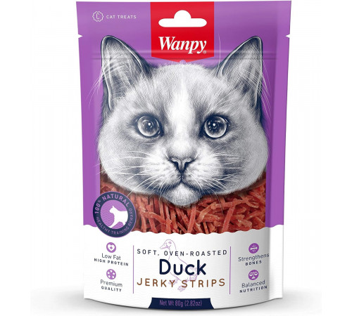 Wanpy Cat — мягкие полоски из утки, запечённые в духовке (Duck Jerky Strips), 80 г