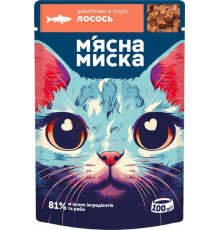 Мясная миска кусочки в соусе с лососем для взрослых кошек 100 г