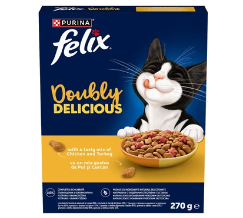 Felix Doubly Delicious сухой корм для взрослых кошек с курицей и индейкой, 270 г