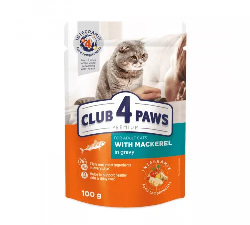 Club 4 Paws Premium влажный корм для взрослых кошек со вкусом макрели в соусе 100 гр Club 4 Paws Premium влажный корм для взрослых кошек со вкусом макрели в соусе 100 гр