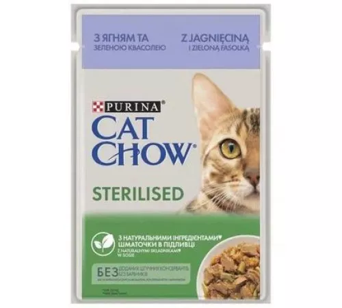 Влажный корм для кошек Purina Cat Chow Sterilised с ягнёнком и зелёной фасолью 85гр Влажный корм для кошек Purina Cat Chow Sterilised с ягнёнком и зелёной фасолью 85гр